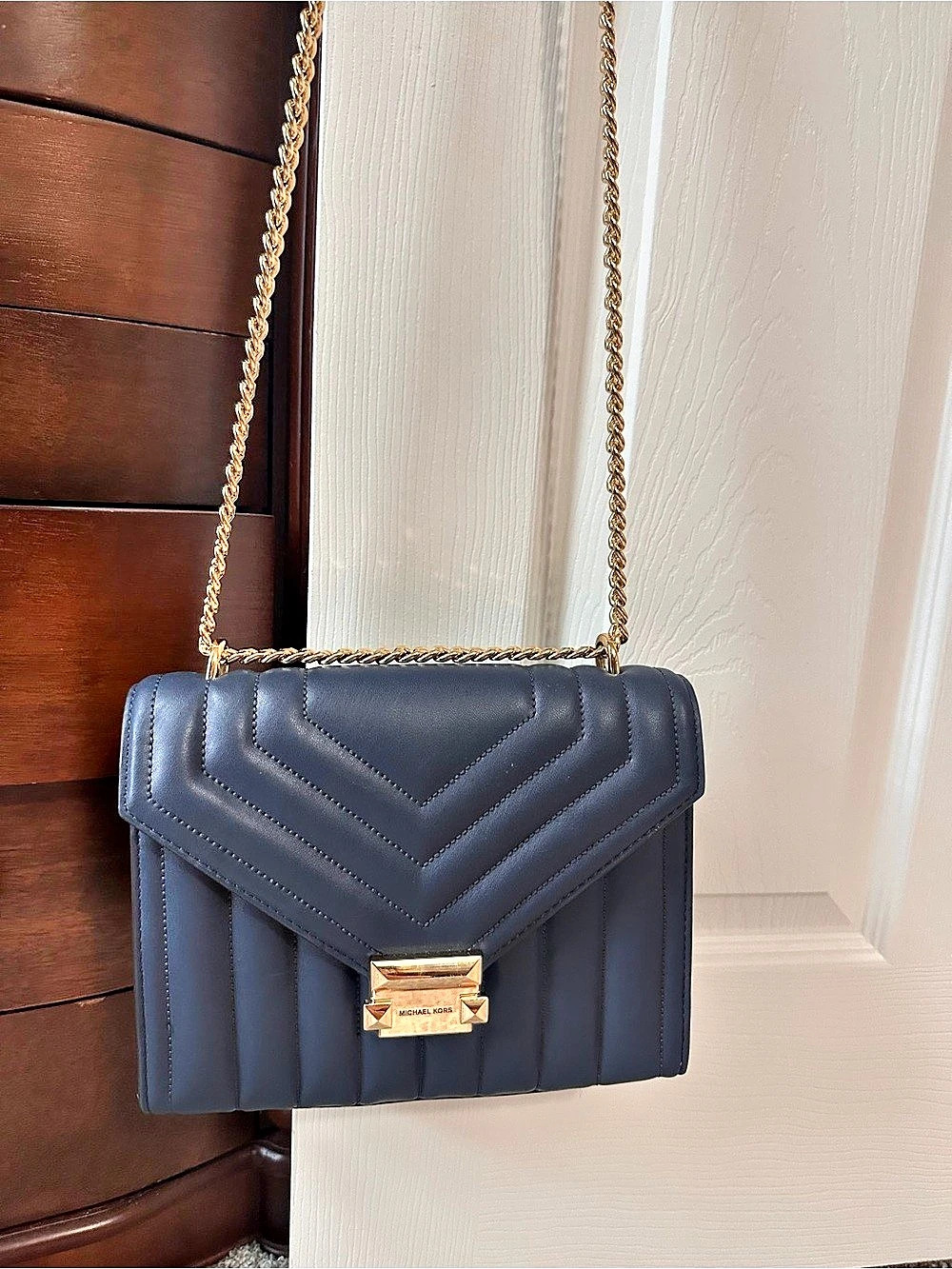 Michael Kors Tribeca Large Quilted Leather Shoulder Bag Blue with Wallet